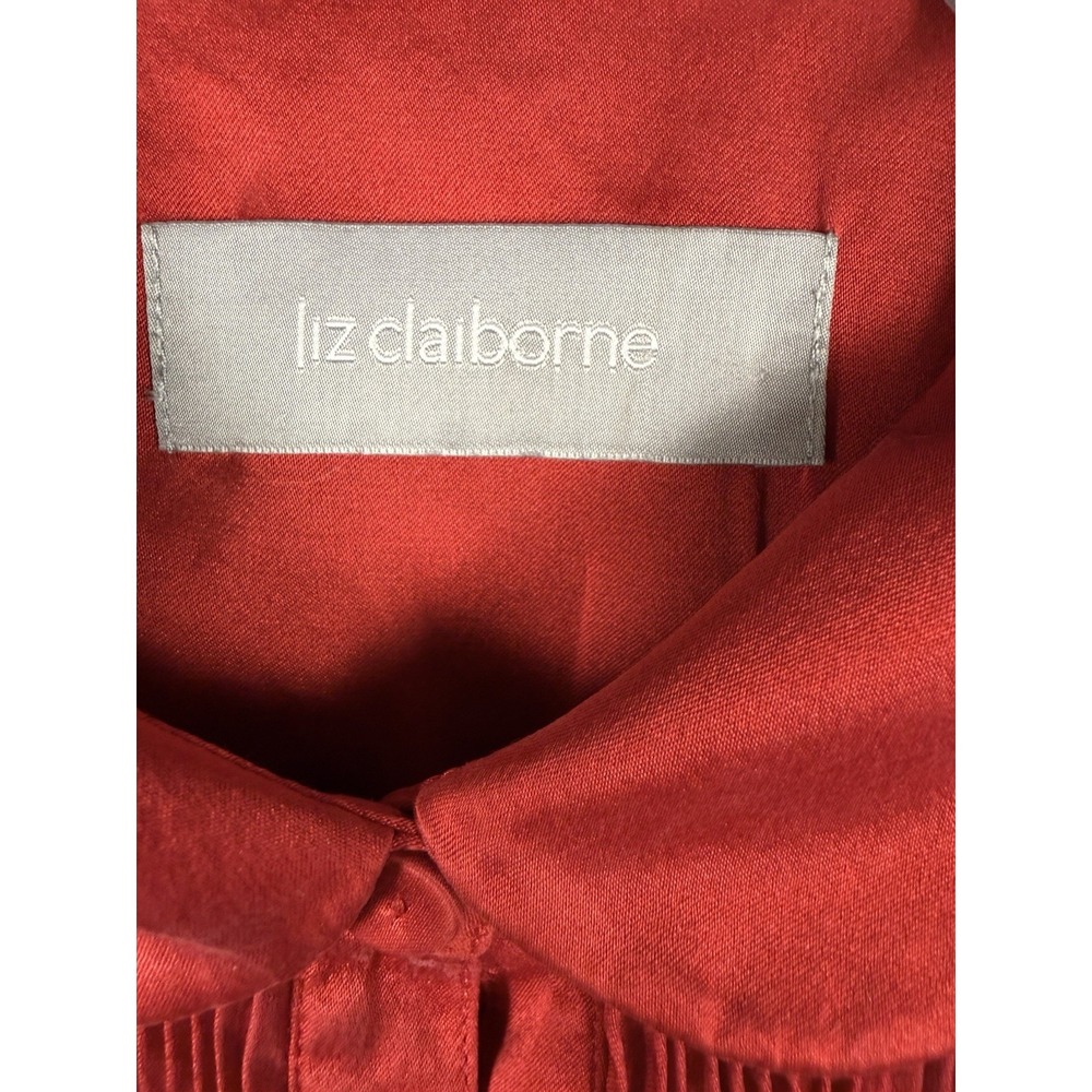 Liz Claiborne 100% Silk Pintuck Blouse Red‎ Peter Pan Collar Top L - Picture 5 of 16